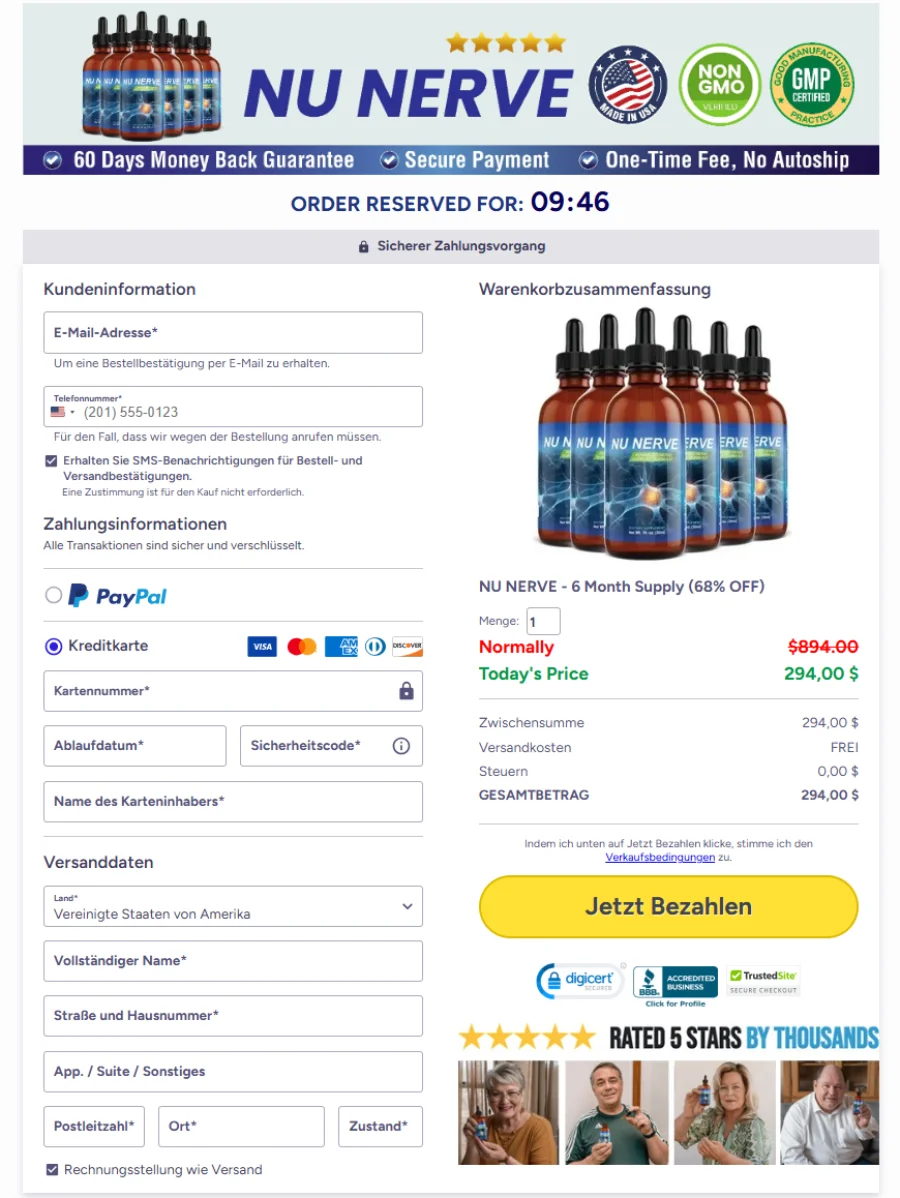 NuNerve official secure checkout page with encrypted credit card safety